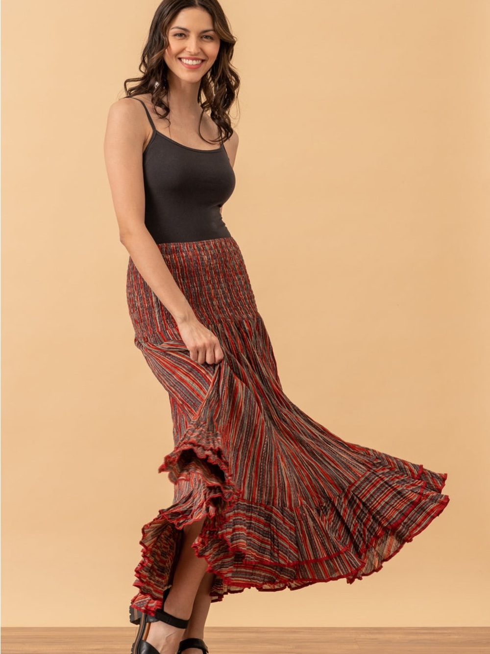 Macarena 100% Cotton Smocked Waist Striped Tiered Maxi Skirt in Taos Stripes
